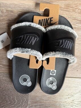 NEW Nike Black Slides with Grey Faux Fur Trim